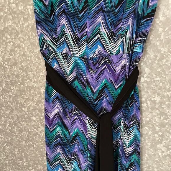 Connected Apparel Blue Chevron Sleeveless Jumpsuit - Size 8 - Silver Neck Accent - Picture 3 of 7
